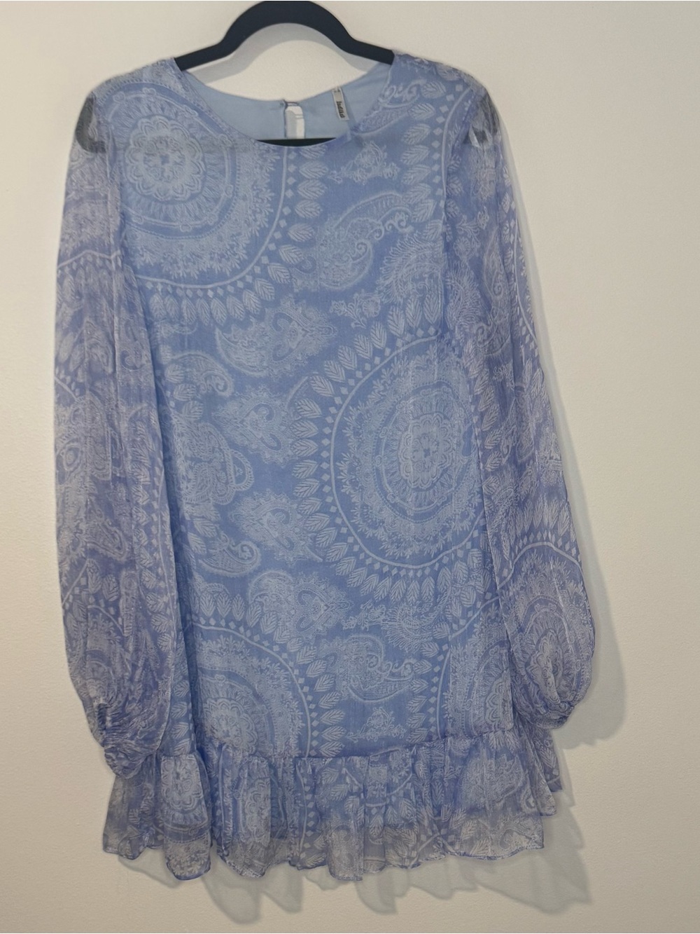 Indikah Blue Paisley Mini Dress Open Back Long Sleeve Ruffle Hem Boho Size L